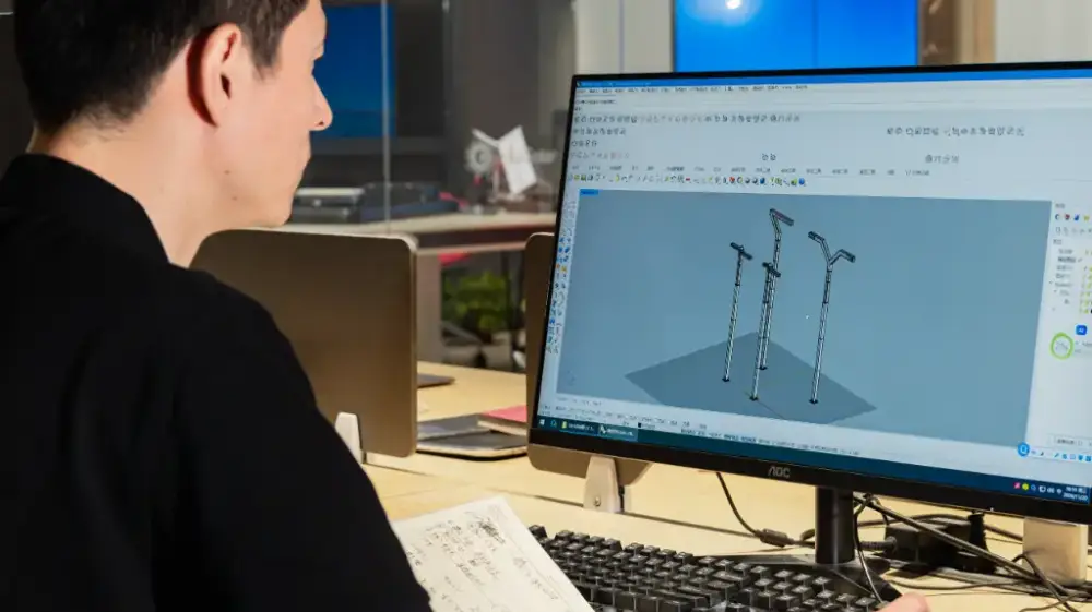 The engineer is modifying the drawings at his workstation. The computer screen shows the customized operation for the customer.