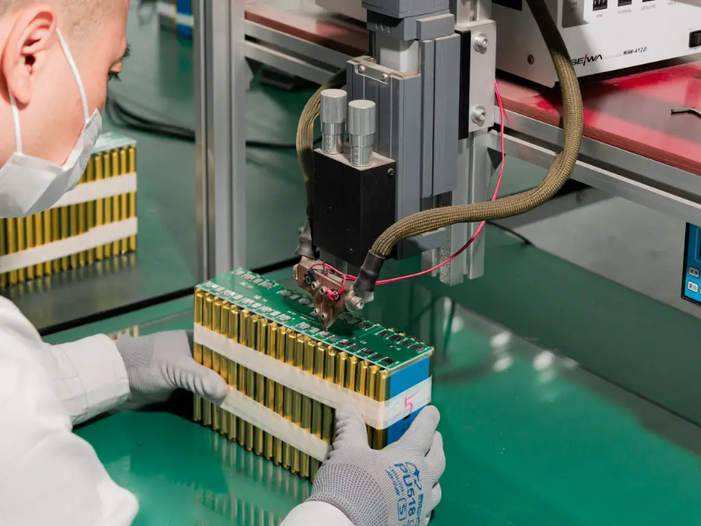 Lithium battery packs are produced on the production line, with workers operating nearby