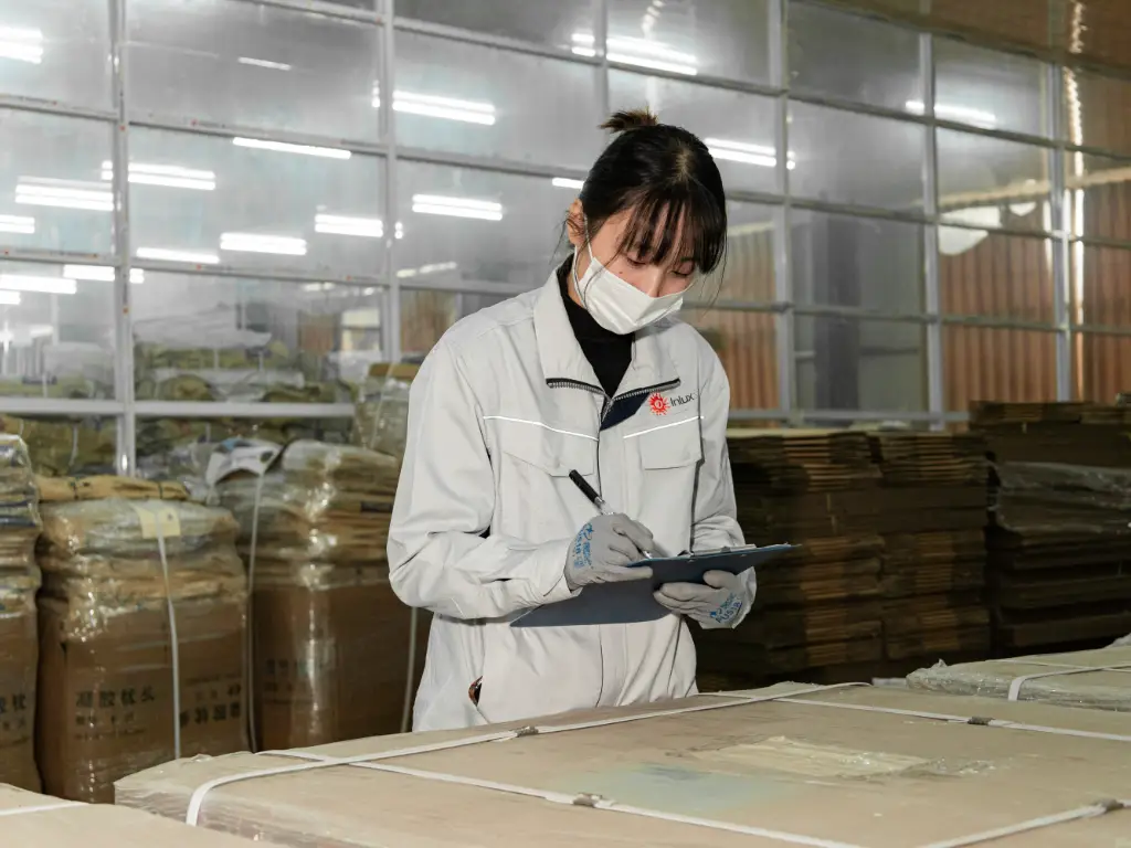 An employee is holding documents and inspecting and recording in the raw material storage area